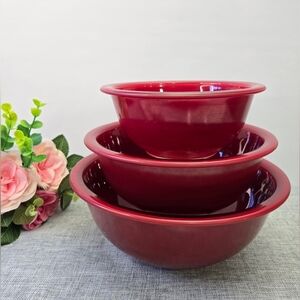 Vintage Set 3 Pyrex 322 323 325‎ Burgundy Red Clear Bottom Mixing Nesting Bowls